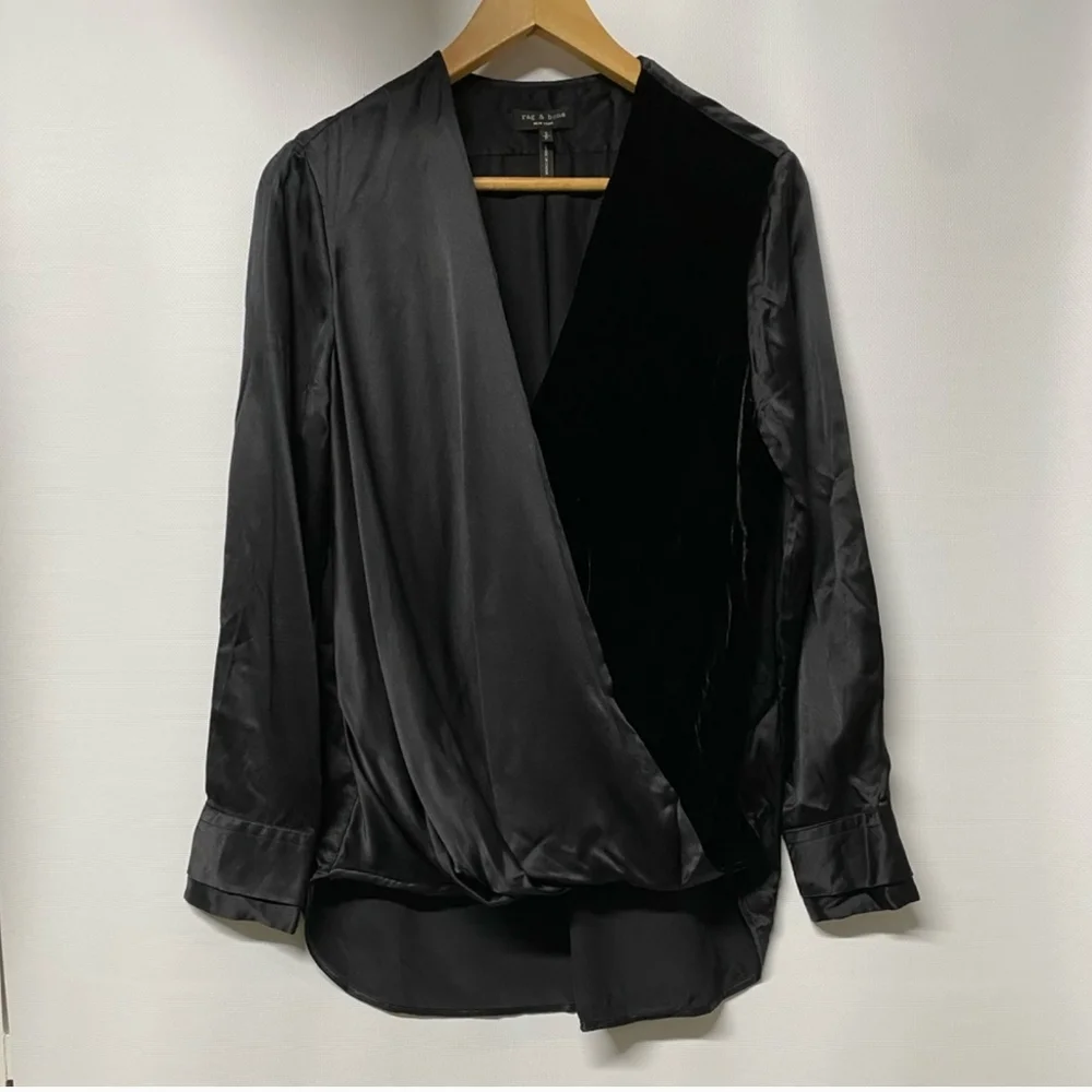 Rag and Bone Victor black Silk/velvet surplice blouse size PS - Picture 8 of 15